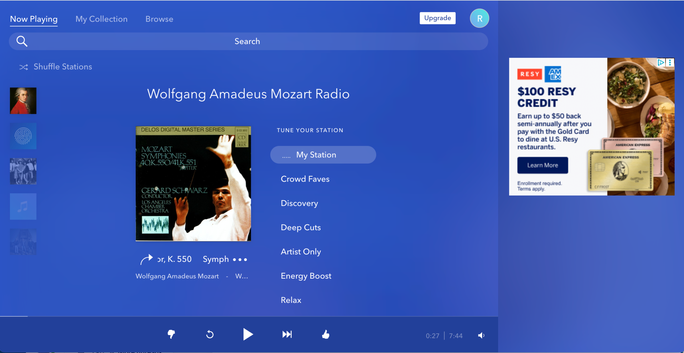 Front page of Pandora, showing an album cover with heading Wolfgang Amadeus Mozart Radio, and an ad at right.